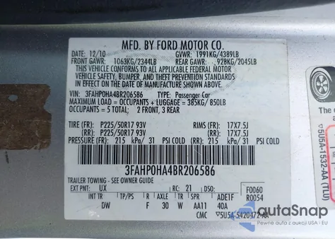 2011 Ford Fusion Se z USA, uszkodzony, nr VIN 3FAHP0HA4BR206586